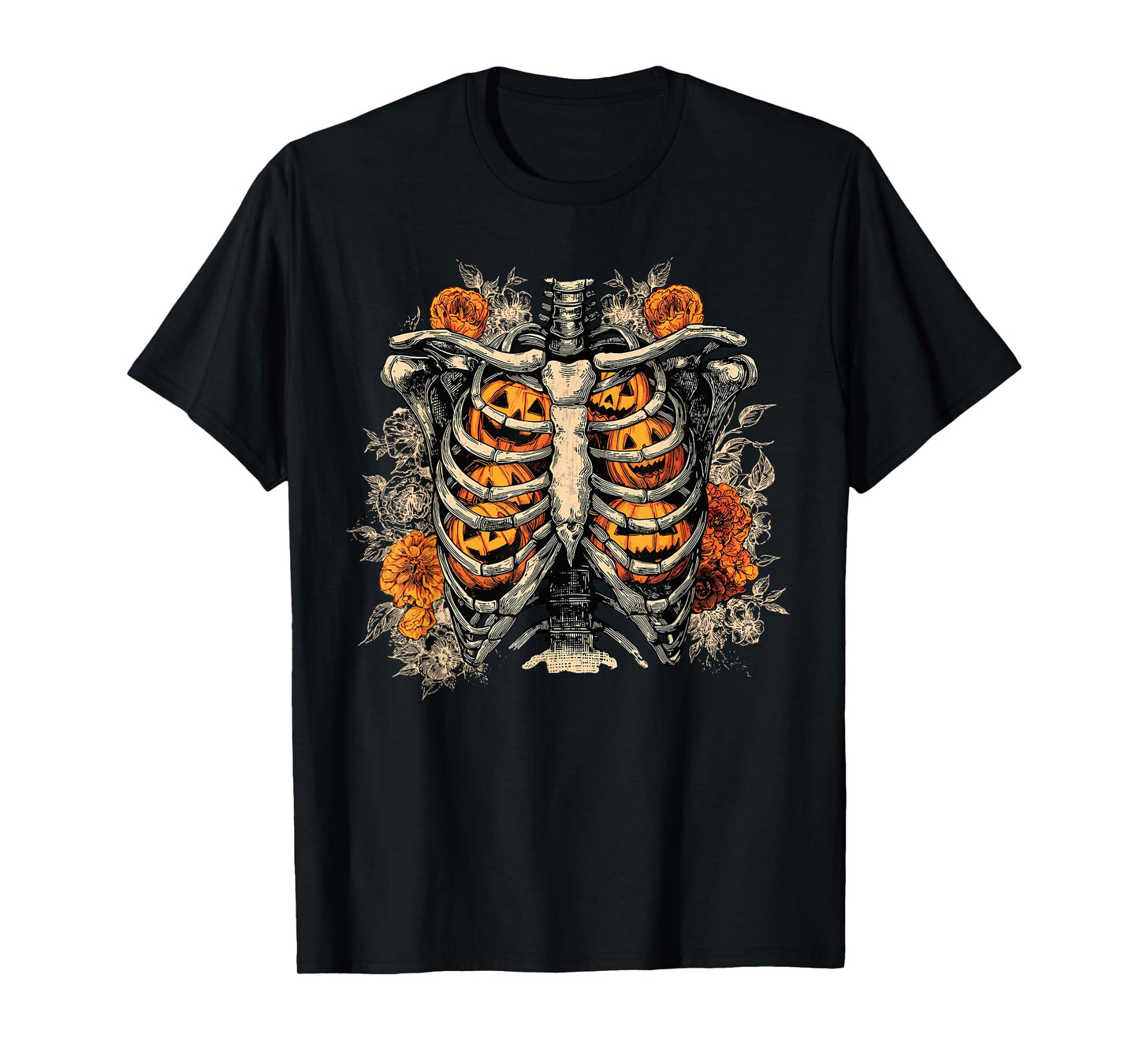 Retro Skeleton Floral Ribcage Pumpkin Fall Halloween Costume T-Shirt