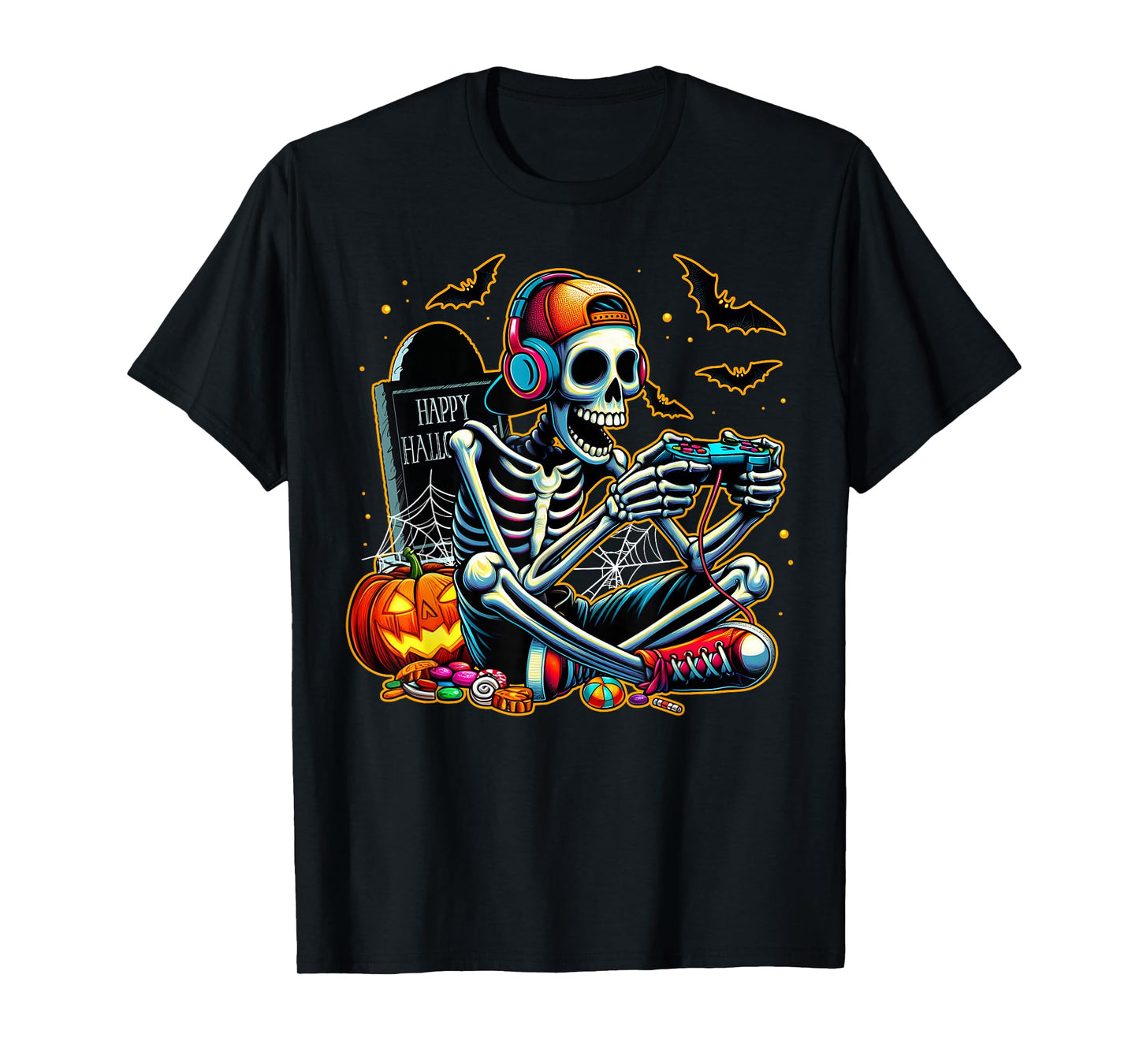 Happy Halloween Skeleton Gamer Video Gaming Boys Mens Kids T-Shirt
