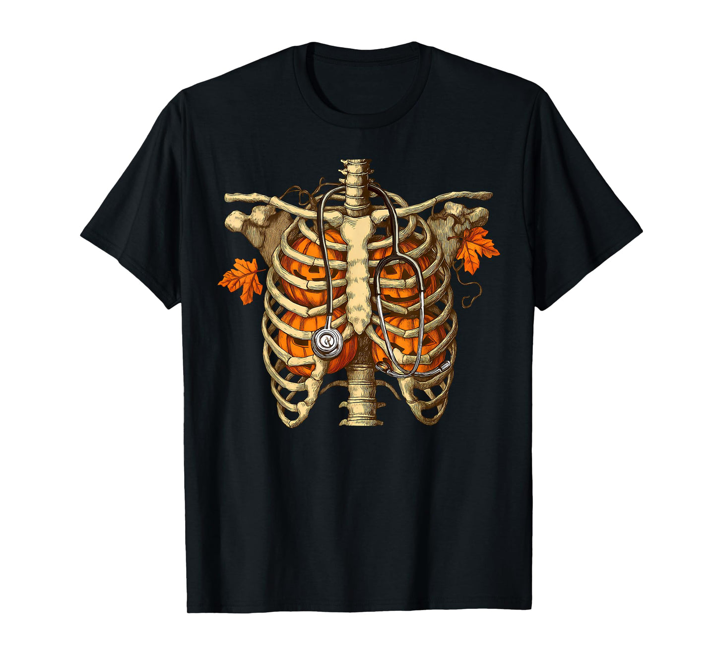 Halloween Spooky Nurse Costumes Pumpkin Rib Cage Stethoscope T-Shirt