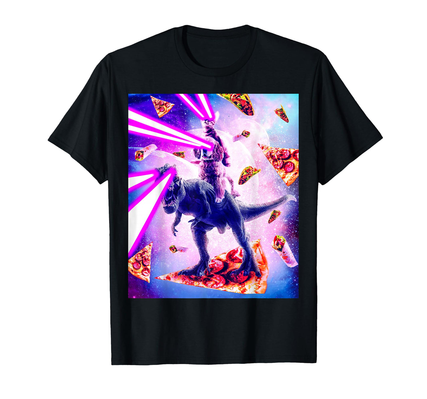 Laser Eyes Space Cat Riding Dog And Dinosaur T-Shirt