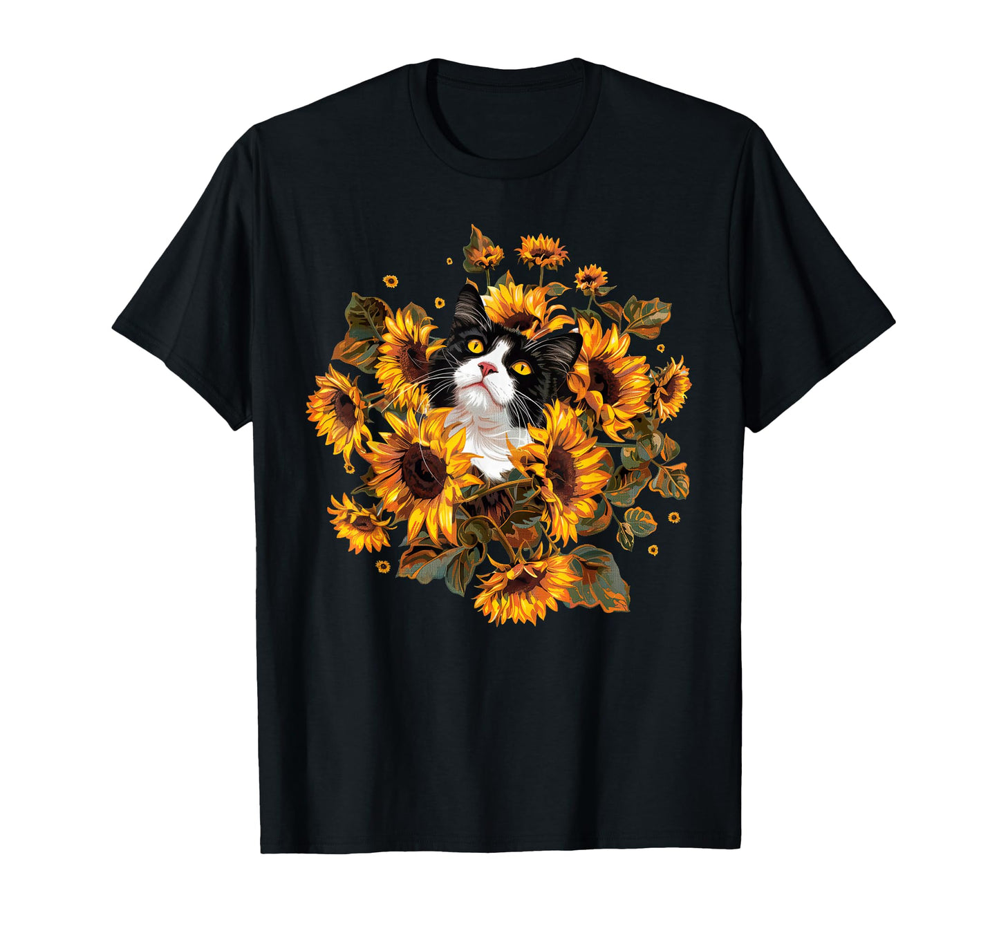 Retro Tuxedo Cat With Sunflower Cute Kitten Lover Gardening T-Shirt