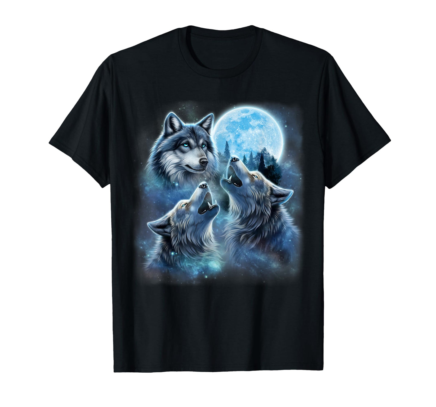 Three Majestic Wolf Engulfed in Galaxy Clouds Under Icy Moon T-Shirt