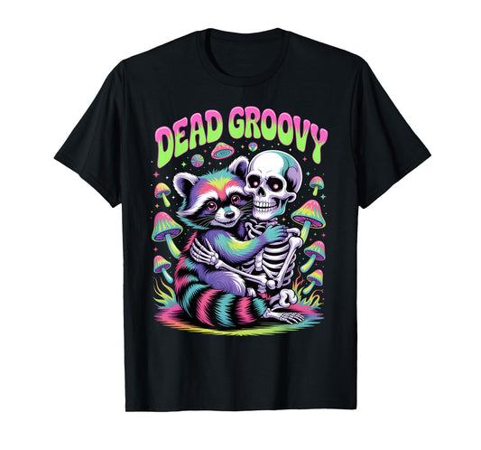 Dead Groovy Skeleton and Raccoon Halloween T-Shirt