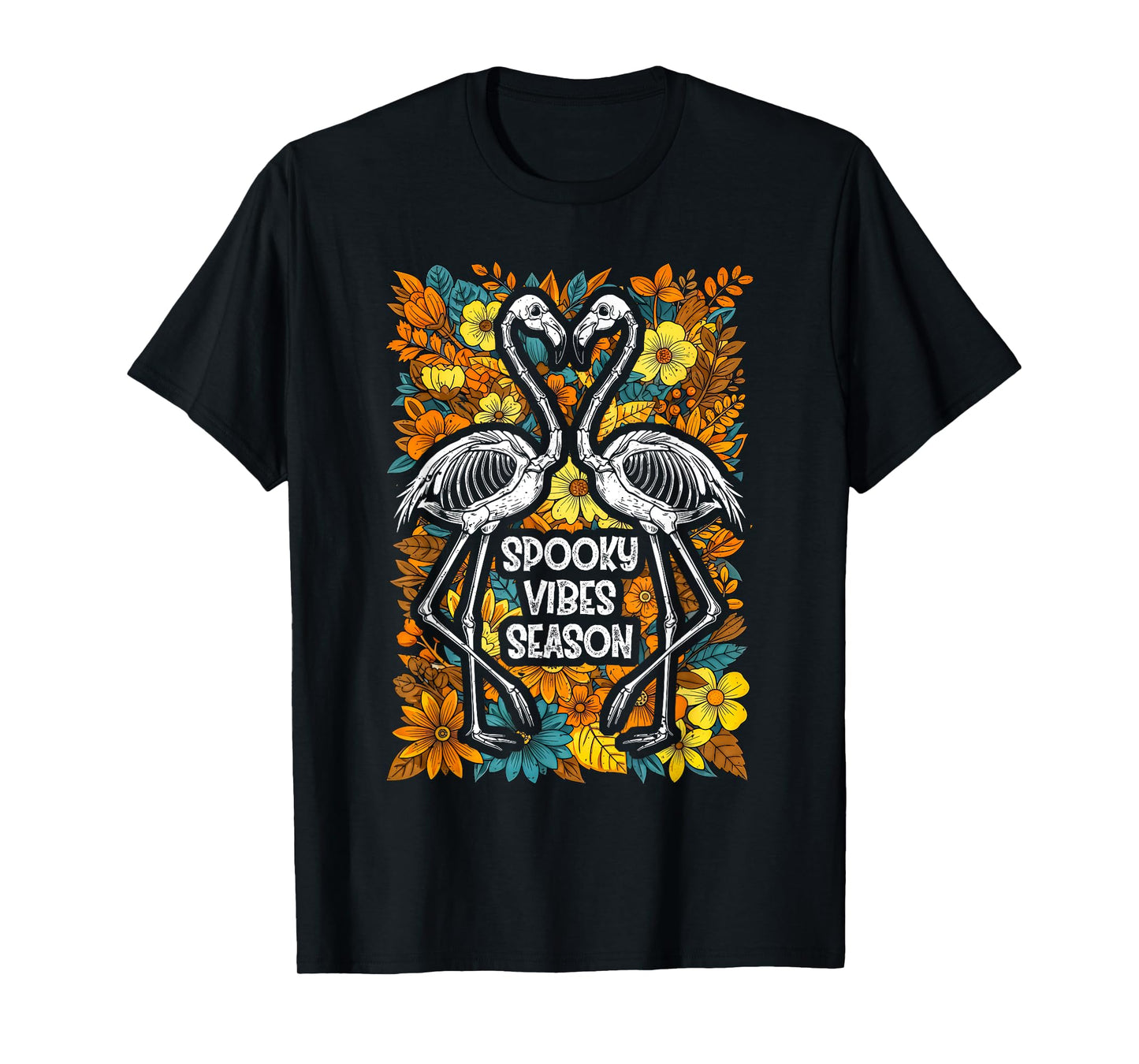 Halloween Flamingo Skeleton Spooky Vibes Season Graphic T-Shirt