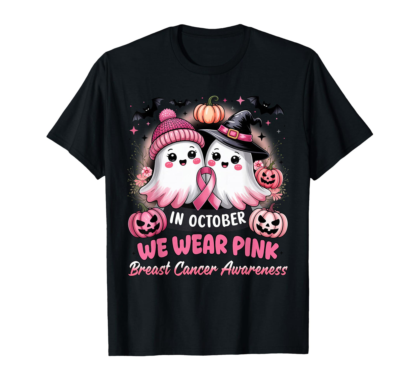 in October We Wear Pink Ghost Witch Breast Cancer Awareness T-Shirt