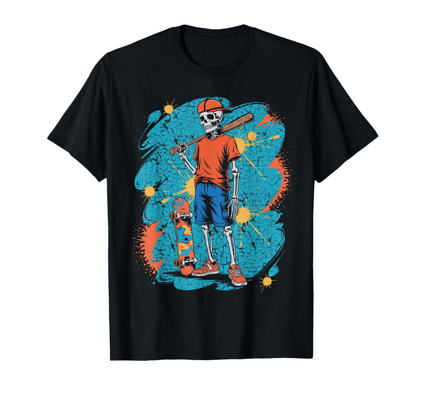 Halloween Skeleton Baseball Skateboard Teen Street Graphic T-Shirt