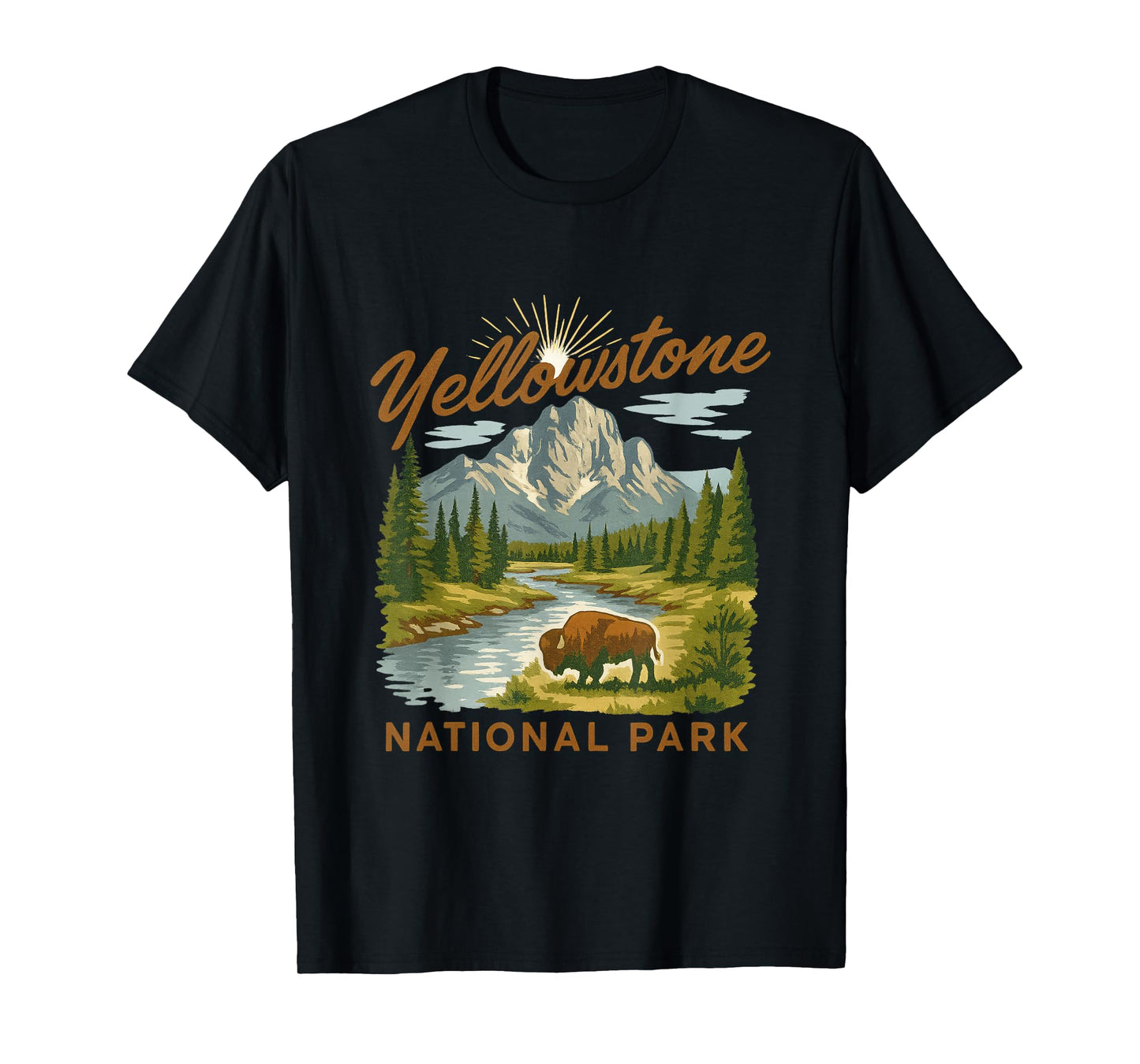 Yellowstone National Park Bison Mountain River Retro Tee T-Shirt