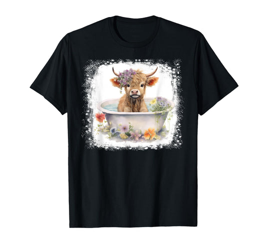 Baby Highland Cow In Bathtub Floral Flowers Women Girls T-Shirt