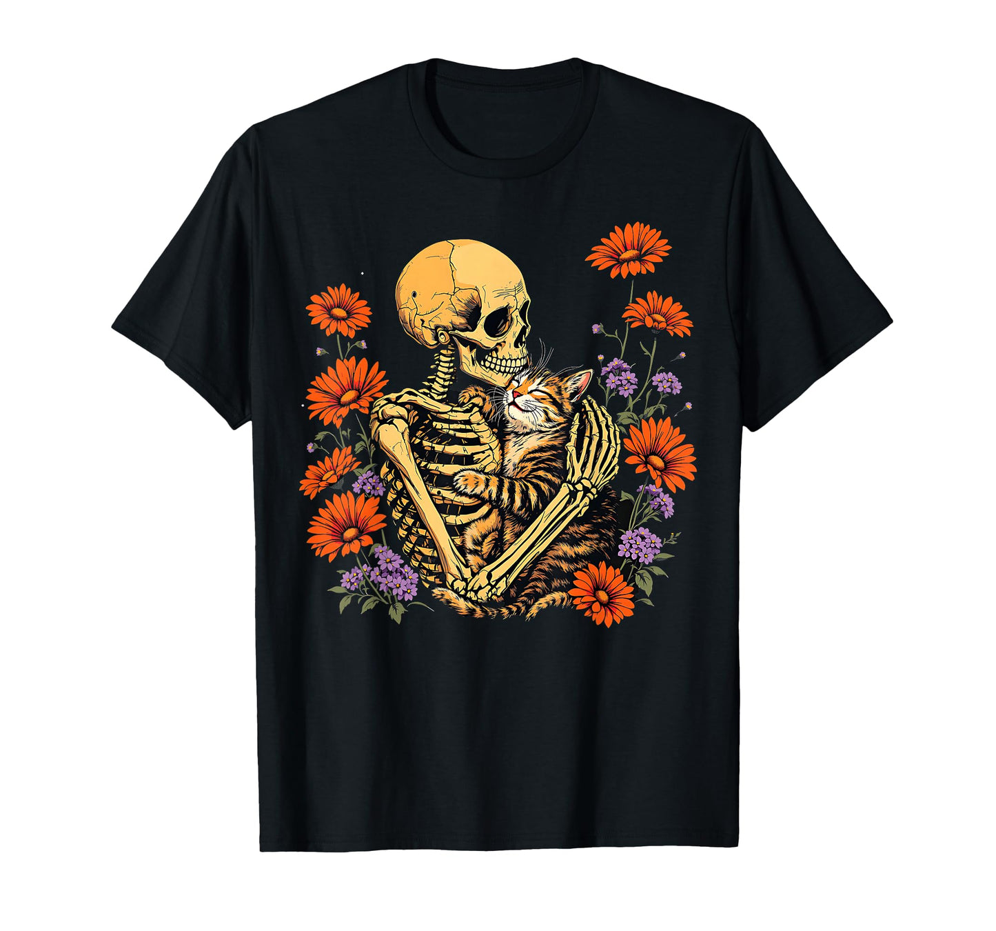 Skeleton Hugging Cat Floral Halloween Cats Lover T-Shirt