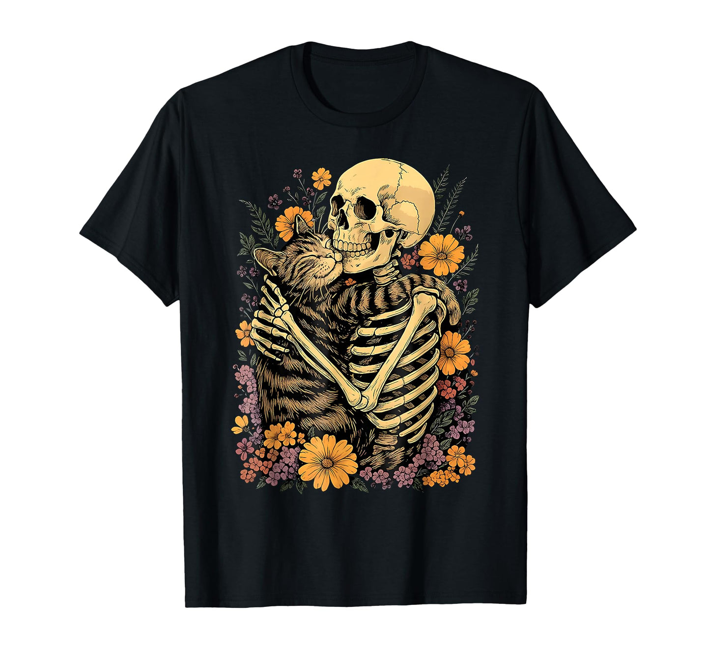 Skeleton Hugging Cat Floral for Cat Lovers Halloween Night T-Shirt