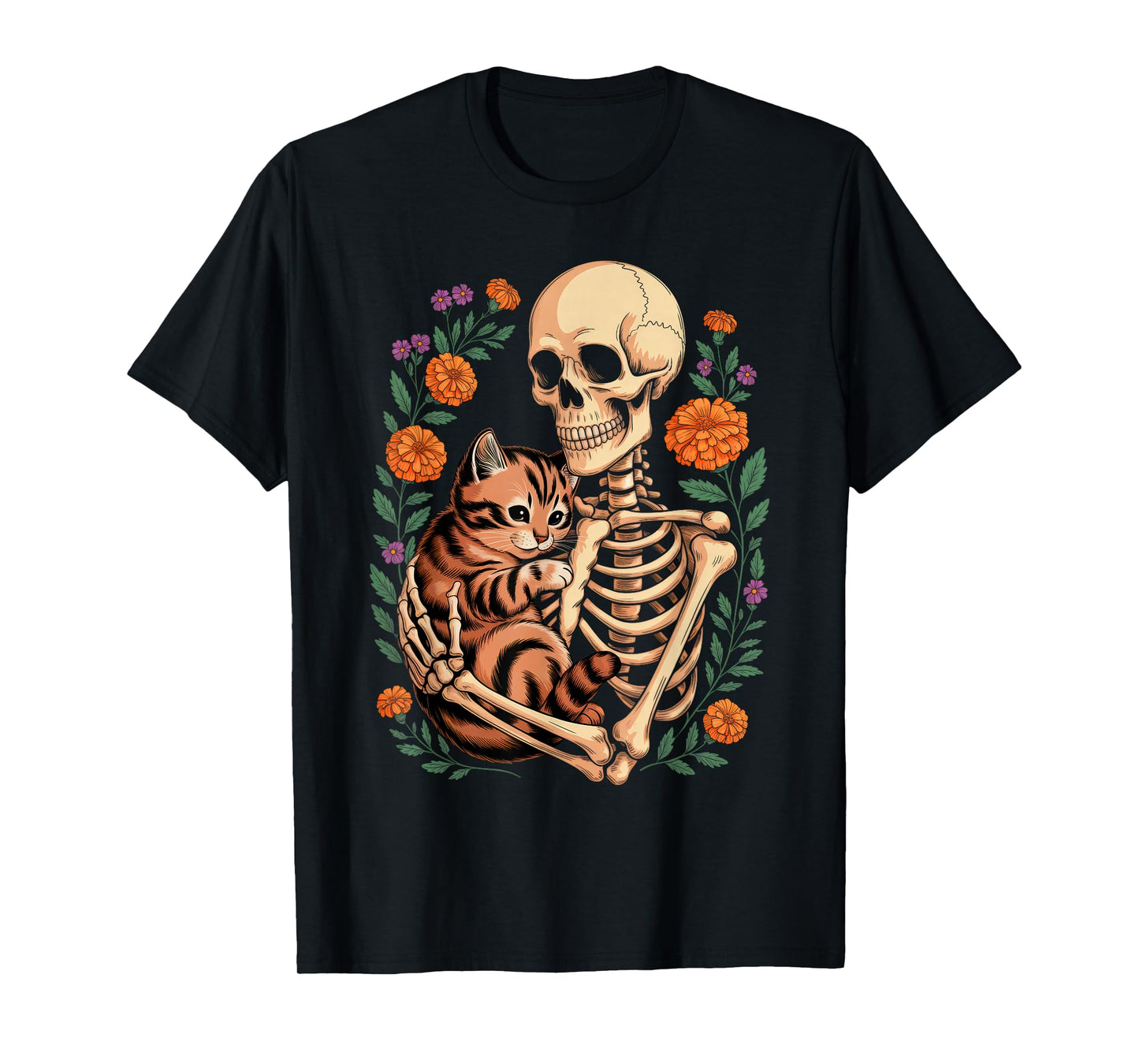 Skeleton Hugging Cat Halloween Costume Cat Lover Skull Cat T-Shirt