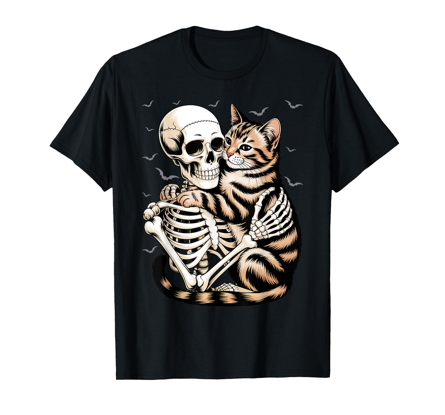 Skeleton Hugging Cat Halloween Lover Mom Dad T-Shirt