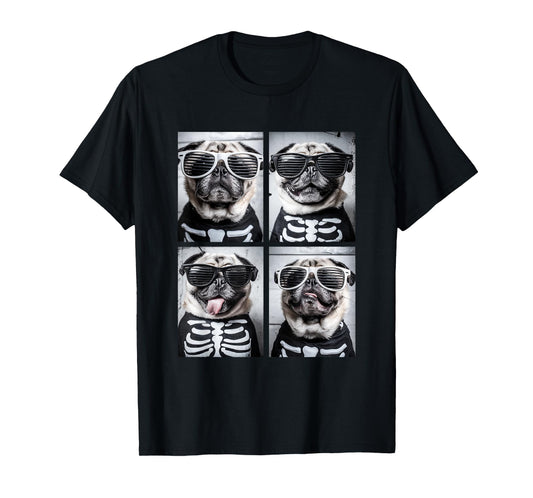 Cute Pugs with Sunglasses Skeleton Costume Funny Halloween T-Shirt
