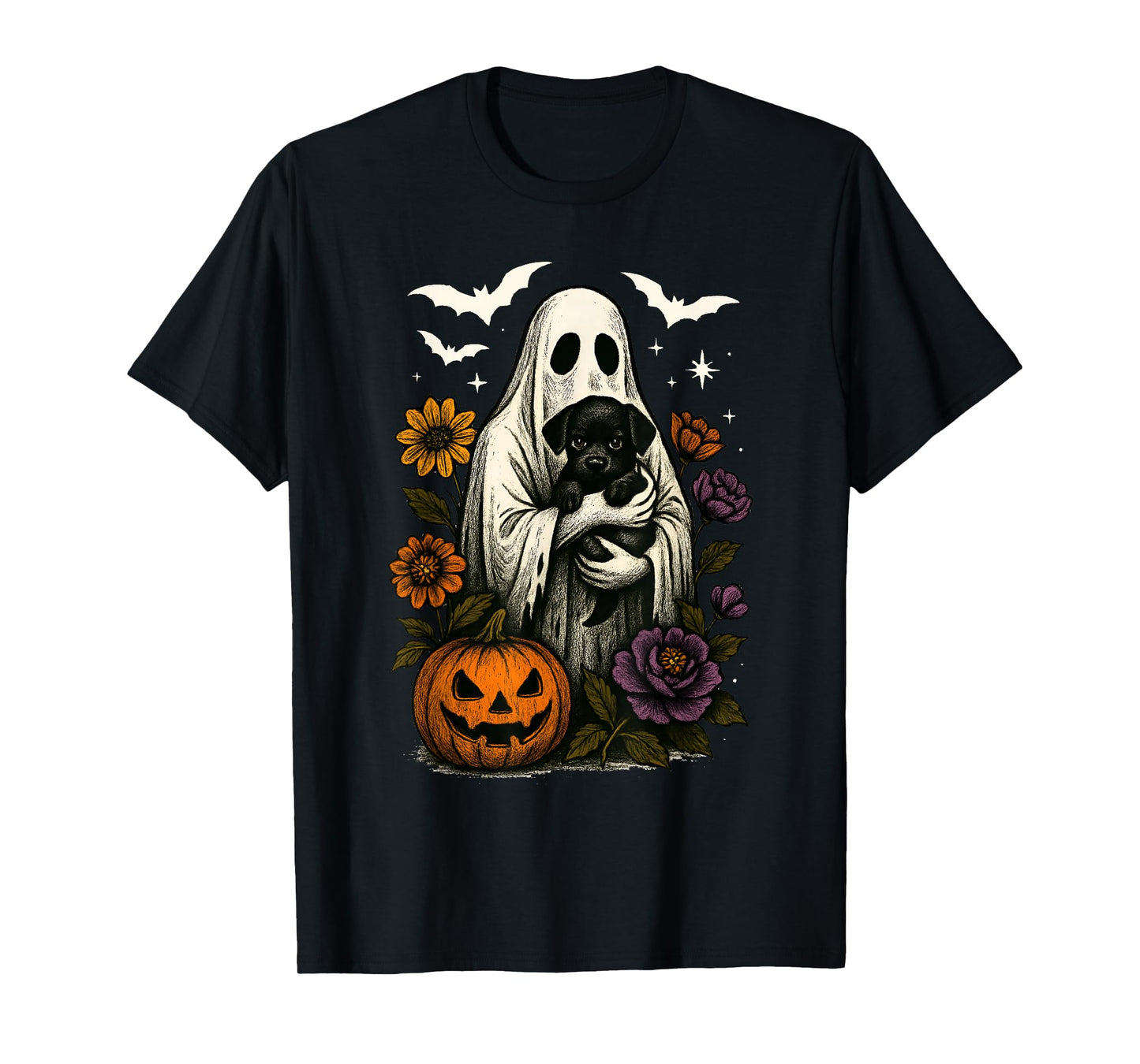 Floral Ghost Black Dog Coquette Funny Halloween Design T-Shirt