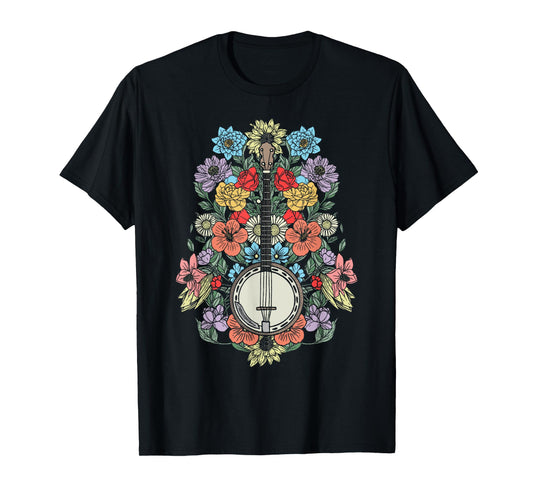 Banjo Flowers Vintage Stringed Bluegrass Folk Floral Design T-Shirt