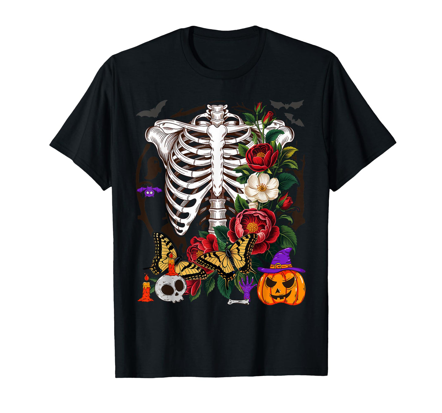 Floral Skeleton X-ray Ribcage Flower Goth Halloween T-Shirt