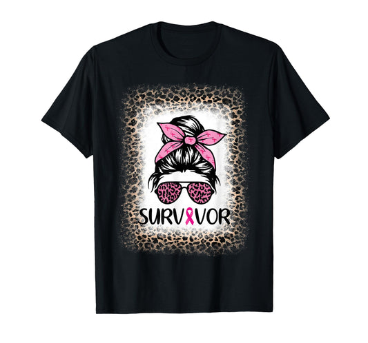 Survivor Breast Cancer Shirts for Women Messy Bun Bleached T-Shirt