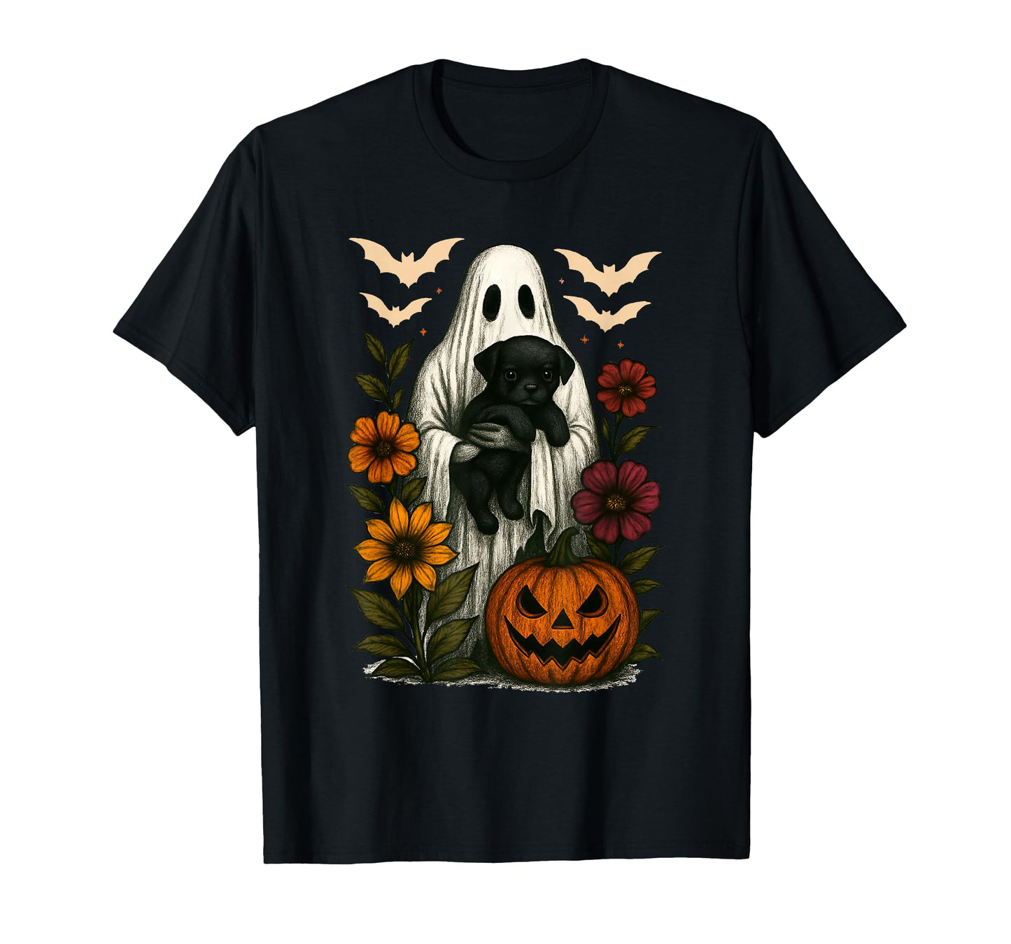 Floral Ghost Black Dog Coquette Funny Halloween Design T-Shirt