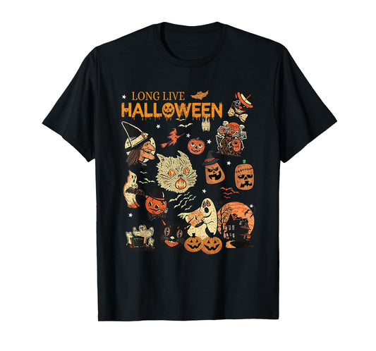 Long Live Halloween Vintage Pumpkin Witch Ghost Black Cat Men Women Kids T-Shirt