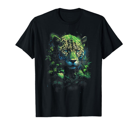 Animal Predator Jaguar Artwork Majestic Jaguar Jungle Wildlife Illustration T-Shirt - Black, Unisex-Adults, Unisex-Kids, Short Sleeve, Straight, Modern, Casual, All Seasons