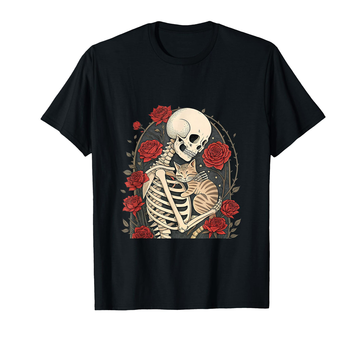 Skeleton with Cat and Roses Gothic Artwork Halloween T-Shirt
