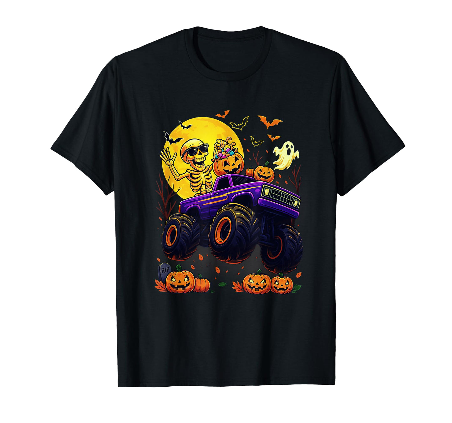 Spooky Skeleton Riding Monster Truck Halloween Men Boy Kid T-Shirt