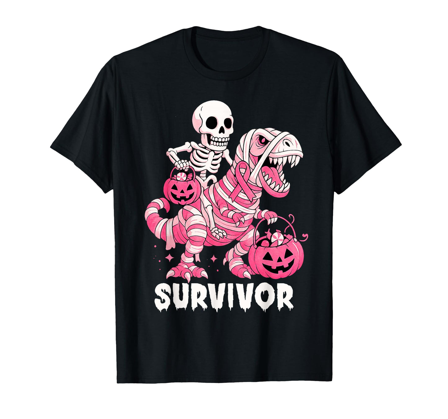 Skeleton Riding Mummy Dinosaur T Rex Breast Cancer Survivor T-Shirt