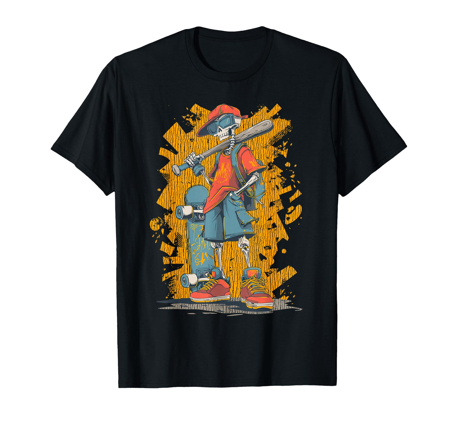 Halloween Skeleton Skater Baseball Bat Graphic Street Style T-Shirt