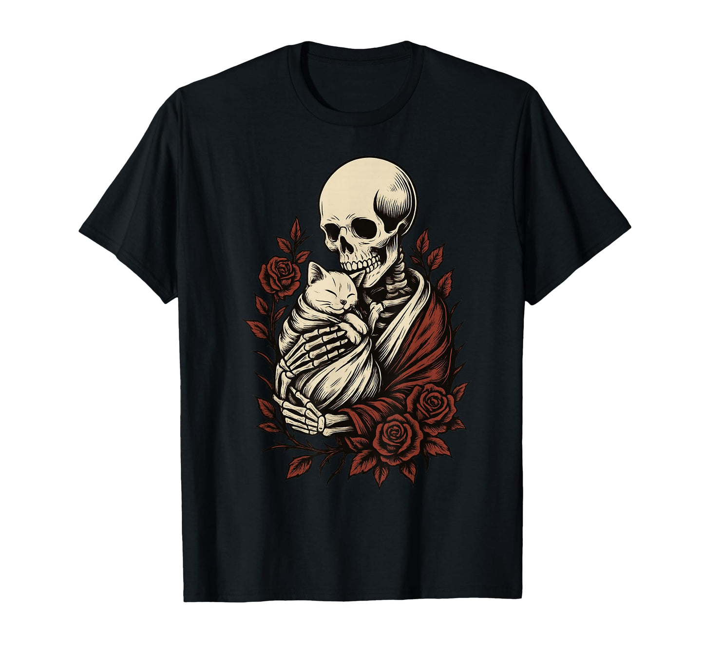 Skeleton Hugging Cat Gothic Floral Creepy Cute Halloween T-Shirt