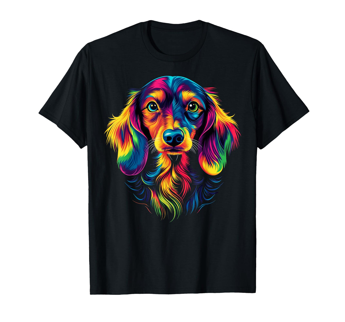 Colorful Long-Haired Dachshund Doxie Wiener Dog Lover Black T-Shirt for Men Women Kids