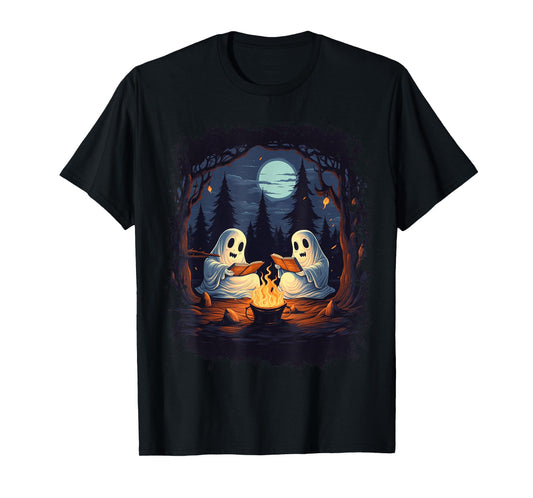 Retro Ghost Reading Books Camping Campfire Gothic Halloween T-Shirt