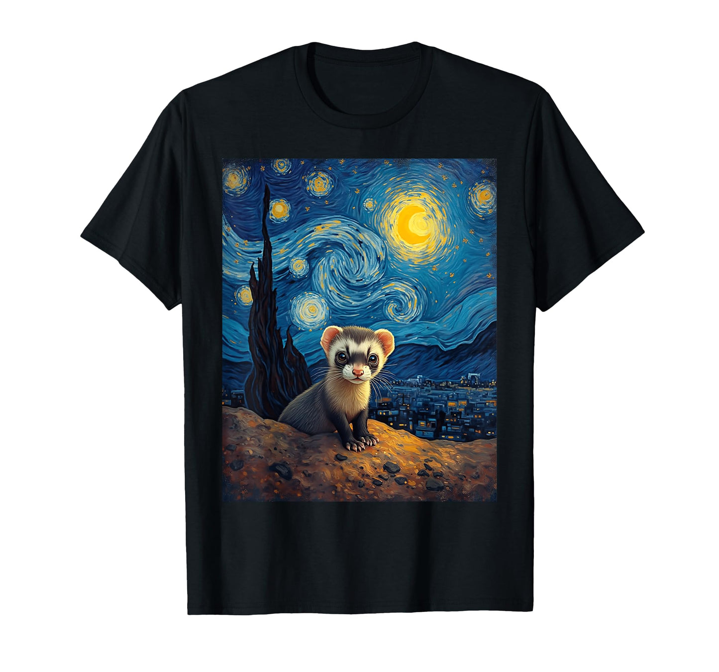 Van Gogh's Starry Night Black-Footed Ferret Prairie Ghost T-Shirt