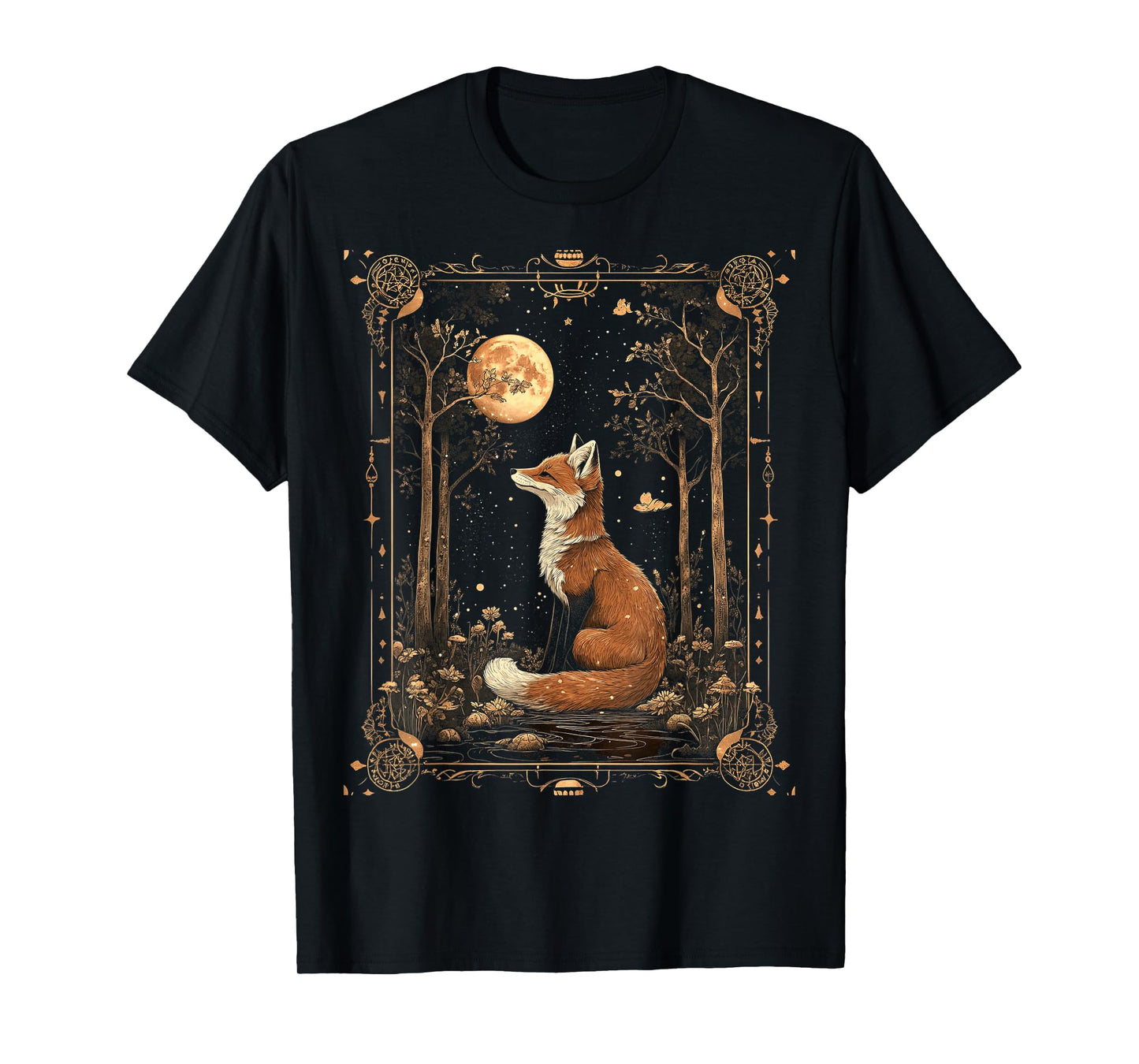 mystic moon and moonphase fox mystical flowers aesthetic T-Shirt