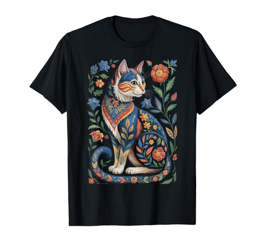 Cute Cat Lover Vintage Flowers Art Pattern Aesthetic T-Shirt