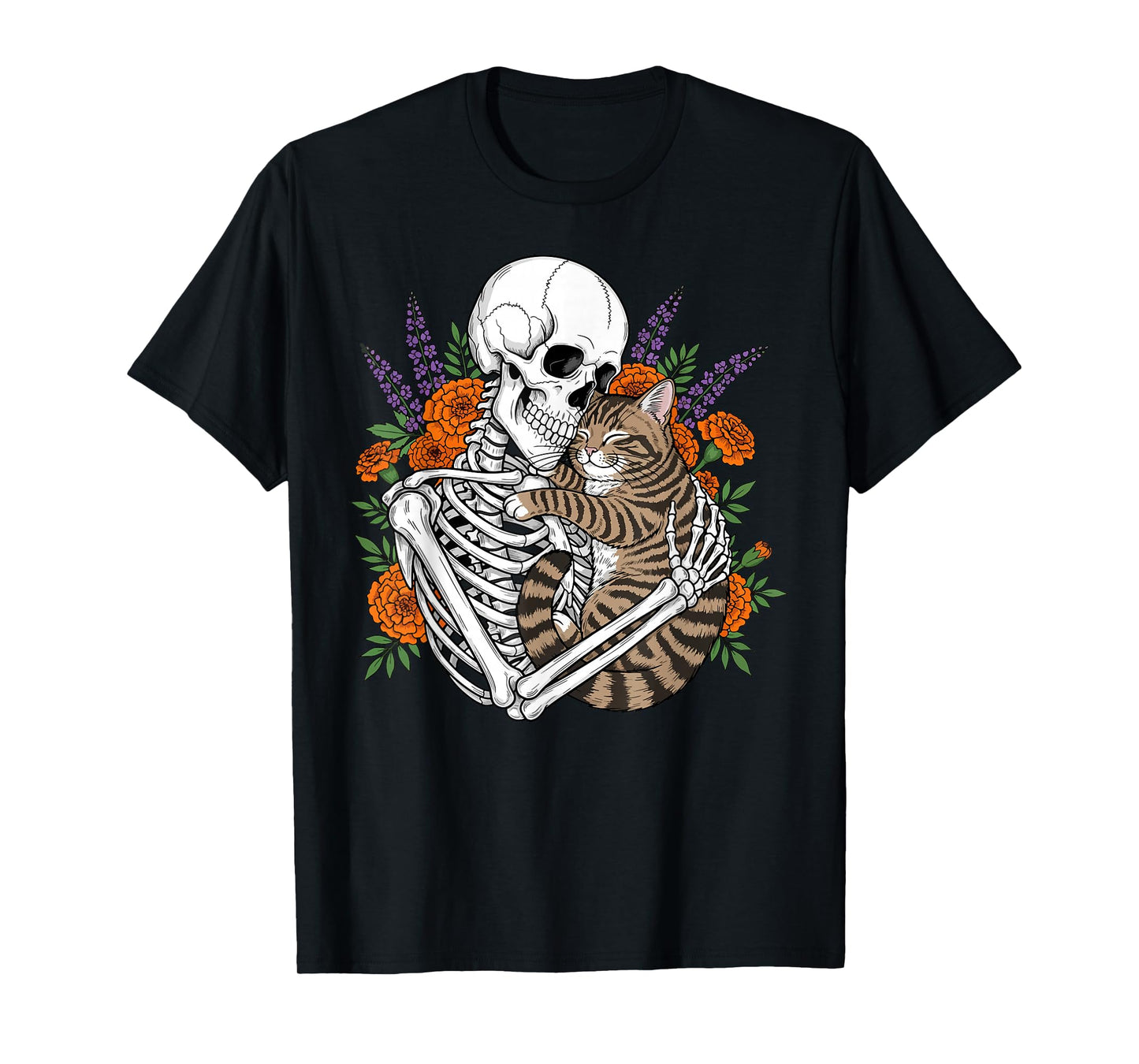 Floral Skeleton Hugging Cat Halloween Gothic Aesthetic T-Shirt