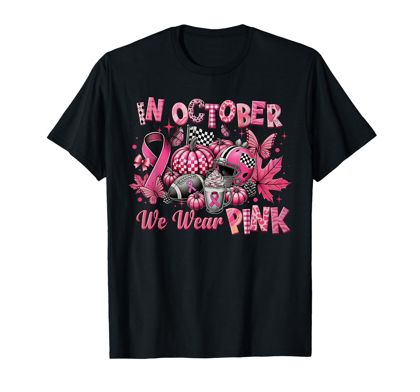 in October We Wear Pink Ribbon Pumpkin Breast Cancer T-Shirt