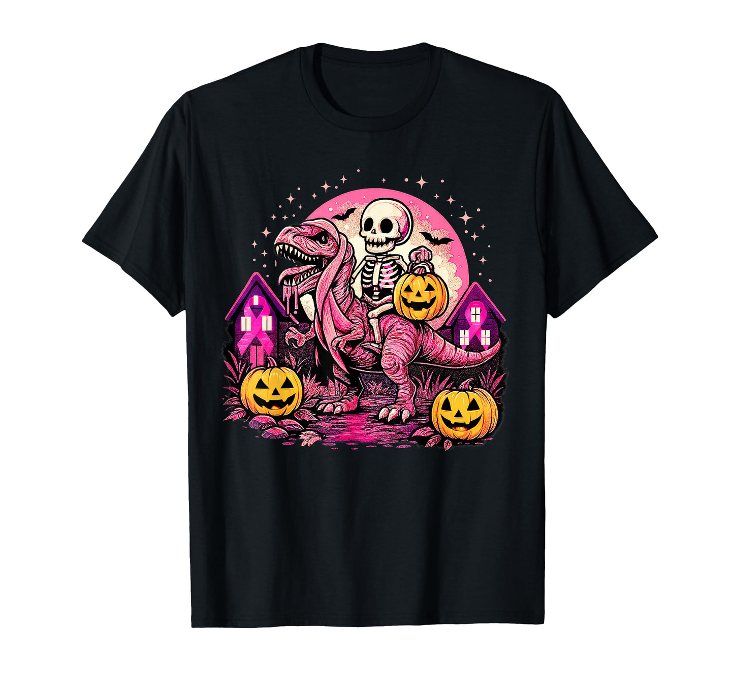 Skeleton Dinosaur T Rex Scary Night Pumpkin Breast Cancer T-Shirt