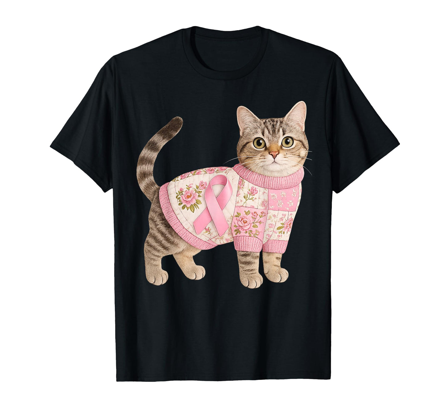 Cat Pink Ribbon Breast Cancer Cat Pattern Felt Art T-Shirt