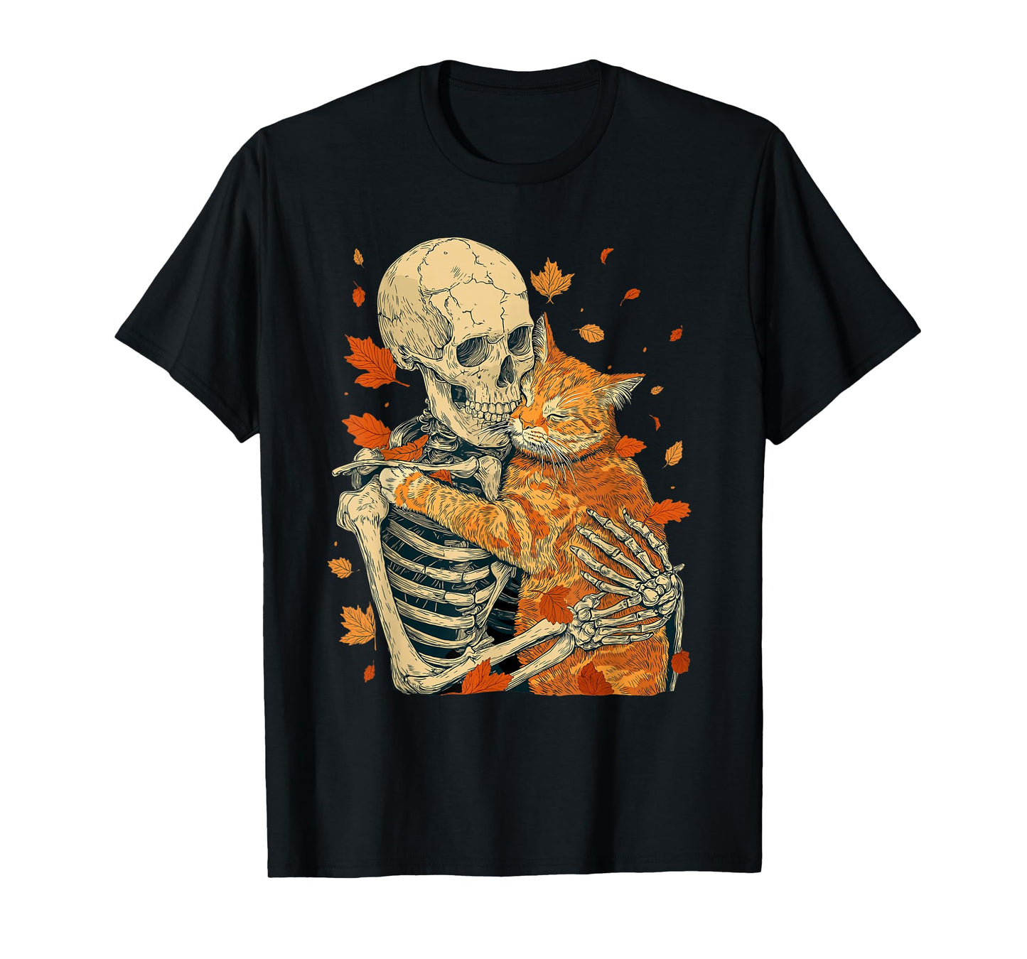 Skeleton Hug Cat Fall Leaves Funny Halloween Goth Spooky T-Shirt