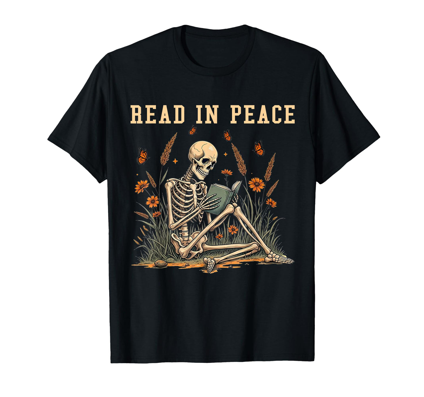 Skeleton Read in Peace Floral Halloween Books Lover T-Shirt