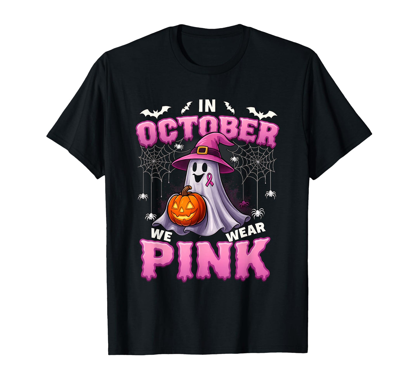 In October We Wear Pink Ghost Witch Breast Cancer Awareness T-Shirt
