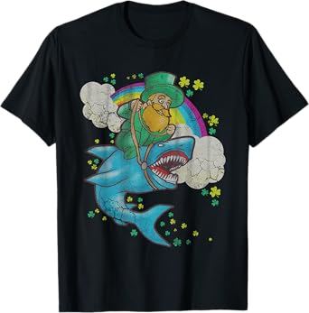 St Patricks Day Irish Leprechaun Riding Shark Kids Boys Girl T-Shirt
