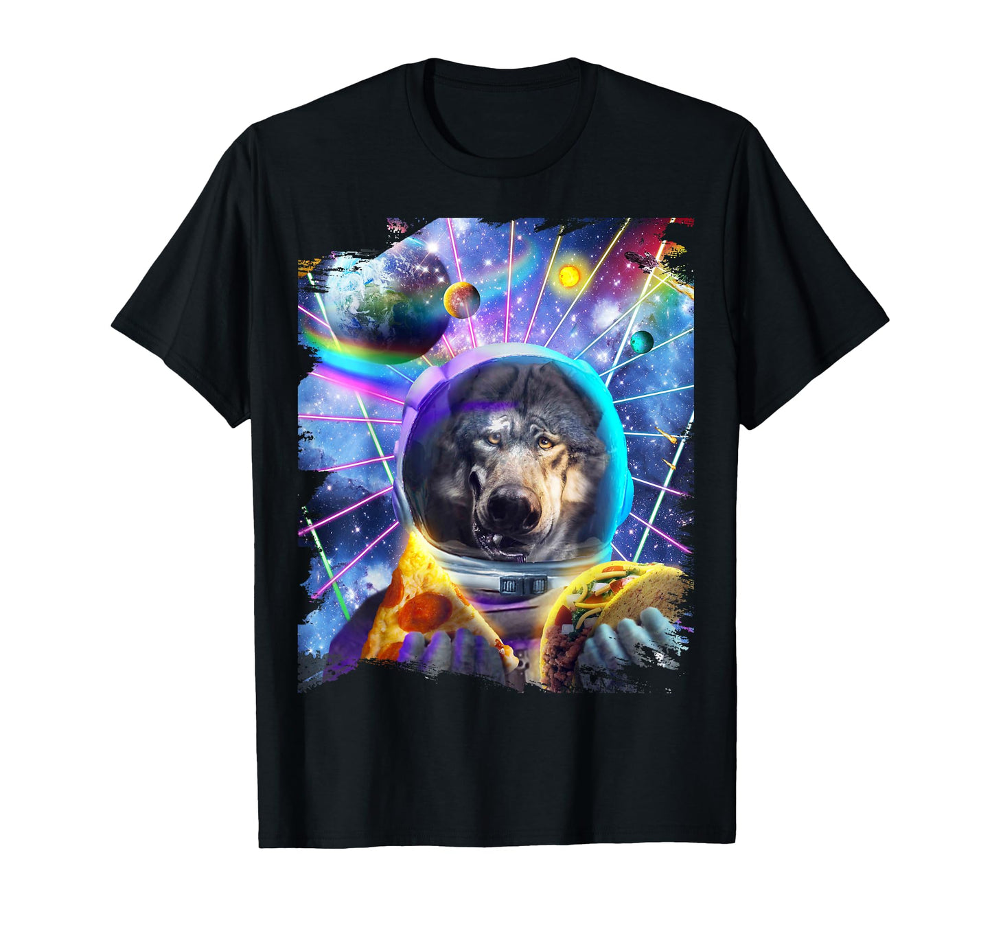 Wolf Astronaut In Space Eating Pizza Taco T-Shirt
