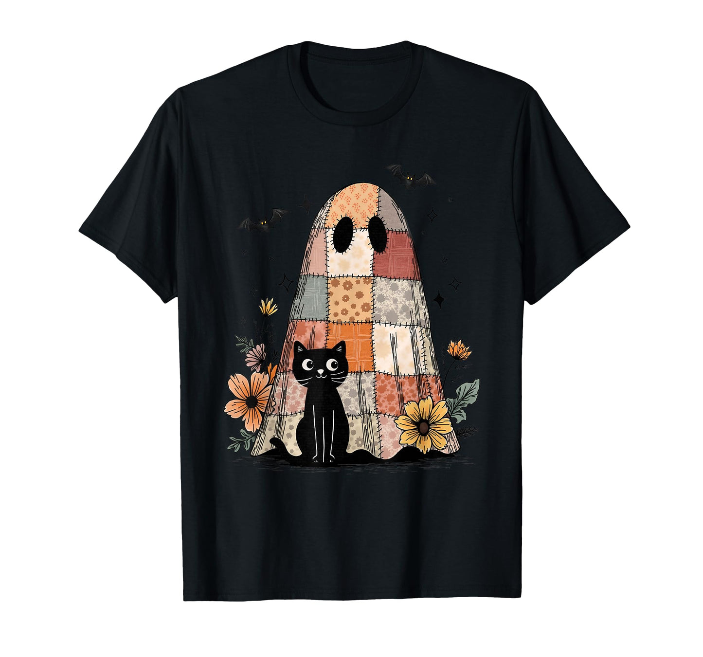 Preppy Retro Floral Patchwork Ghost and Black Cat Halloween T-Shirt