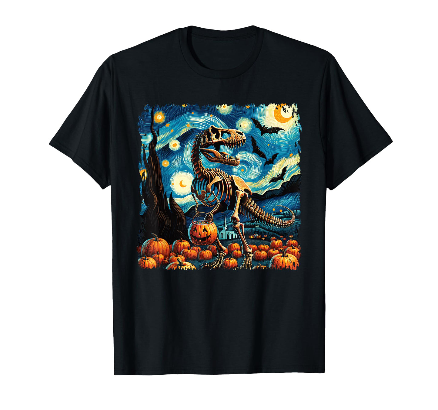 T-Rex Skeleton Halloween Van Gogh Starry Night Fall Pumpkin T-Shirt