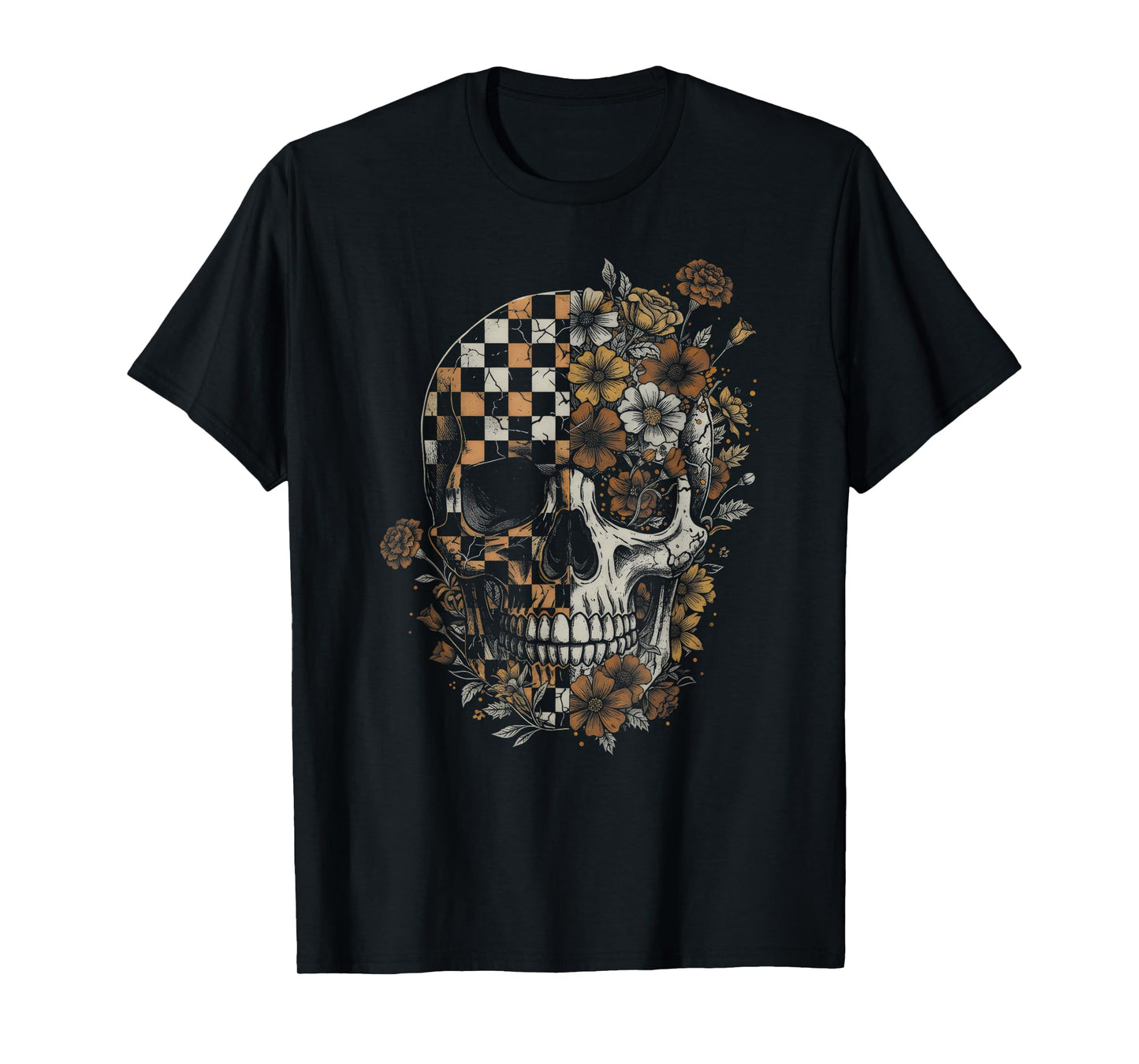 Checkered Boho Floral Skull Halloween Women Girl T-Shirt