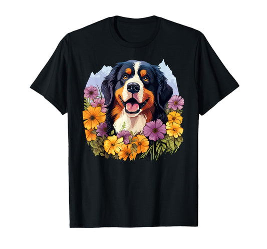 Cute Bernese Mountain Dog in Spring Flower Garden Puppy Men Women Girls Kids T-Shirt