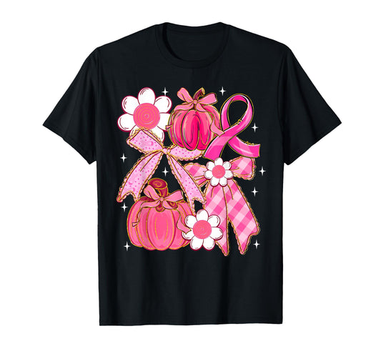 Coquette Bow Pink Pumpkin Wildflower Breast Cancer Awareness T-Shirt