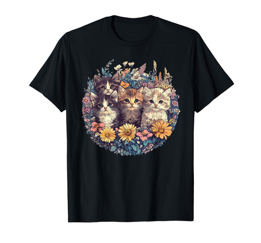 Adorable Kittens In Floral Meadow T-Shirt