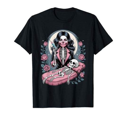 Halloween Gothic Skeleton Beautician with Syringe T-Shirt